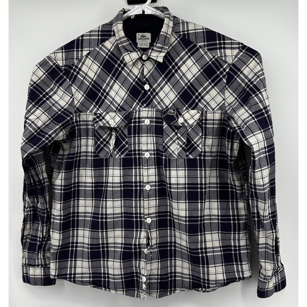 Lacoste Long Sleeve Plaid Button Down Slim Fit Purple And White Men's 44 US 2XL